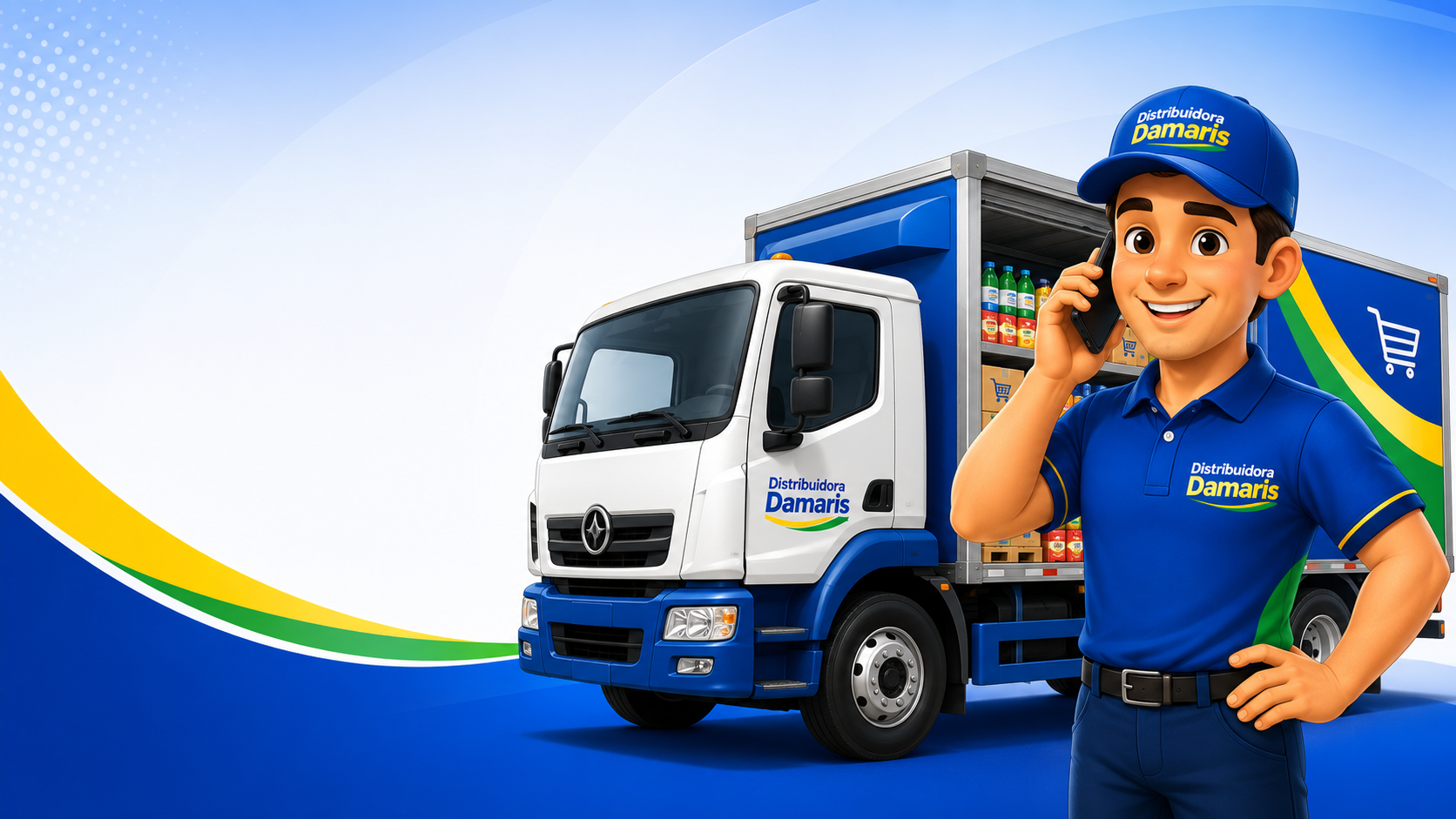 Camión de mercadería y chofer de Distribuidora Damaris llamando por teléfono
